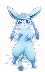 Size: 800x1280 | Tagged: safe, artist:sum, eeveelution, fictional species, glaceon, mammal, feral, nintendo, pokémon, 2019, :<, ambiguous gender, bed, black nose, blushing, digital art, ears, frowning, fur, looking at you, lying down, lying on bed, on bed, paws, solo, solo ambiguous, tail, thighs
