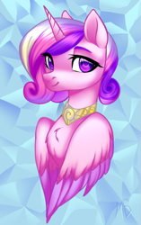 Size: 1129x1801 | Tagged: safe, artist:megabait, princess cadence (mlp), alicorn, equine, fictional species, mammal, pony, feral, friendship is magic, hasbro, my little pony, abstract background, bust, female, horn, jewelry, necklace, portrait, solo, solo female, wings