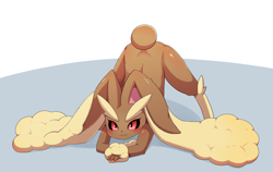 Size: 3415x2160 | Tagged: suggestive, alternate version, artist:sum, fictional species, lopunny, mammal, anthro, nintendo, pokémon, 2021, blushing, butt, digital art, ears, face down ass up, female, fur, high res, jack-o' crouch pose, pink nose, pose, solo, solo female, tail