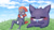 Size: 1280x720 | Tagged: safe, artist:sum, fictional species, gengar, weavile, anthro, nintendo, pokémon, 2021, ambiguous gender, blushing, claws, cloud, digital art, duo, duo ambiguous, ears, eating, eyes closed, food, fruit, fur, grass, open mouth, sitting, sky, tail, tongue