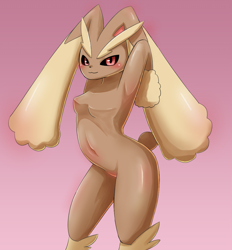 Size: 929x1000 | Tagged: suggestive, artist:sum, fictional species, lopunny, mammal, anthro, nintendo, pokémon, 2019, armpits, arms behind head, belly button, black sclera, breasts, colored sclera, digital art, ears, featureless breasts, featureless crotch, female, fur, looking at you, nudity, simple background, solo, solo female, tan body, tan fur