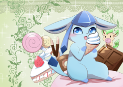 Size: 5182x3679 | Tagged: safe, artist:sum, eeveelution, fictional species, glaceon, mammal, nintendo, pokémon, 2019, 2d, absurd resolution, ambiguous gender, black nose, cute, digital art, ears, fluff, food, fur, hair, ice cream, ice cream cone, licking, looking at you, neck fluff, solo, solo ambiguous, tail, tongue, tongue out