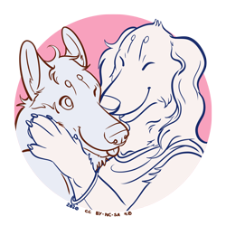 Size: 1200x1200 | Tagged: safe, artist:groundpear, oc, oc only, oc:moon, oc:sun, canine, dog, mammal, saluki, anthro, cc by-nc-sa, creative commons, 2020, abstract background, beanbrows, blue outline, bracelet, claws, duo, duo nonbinary, ear fluff, eyes closed, flat colors, floppy ears, fluff, fur, head fluff, jewelry, licking, line art, neck fluff, nonbinary, nonbinary only, one eye closed, paws, red outline, restricted palette, tongue, tongue out, white body, white fur