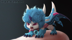 Size: 1280x720 | Tagged: safe, artist:silverfox5213, oc, oc:sifyro, dragon, fictional species, human, mammal, feral, humanoid, 2021, ambiguous focus, ambiguous gender, angry, blue body, blue hair, claws, colored pupils, cute, duo, hair, horn, horns, magenta eyes, micro, offscreen character, open mouth, skin, smol, solo focus, spread wings, webbed wings, white body, wings