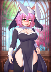 Size: 1133x1600 | Tagged: safe, artist:twistedscarlett60, lagomorph, mammal, rabbit, humanoid, 2021, big breasts, blushing, boots, breasts, bunny ears, clothes, digital art, eyelashes, female, hair, looking at you, monster girl, nun, open mouth, shoes, solo, solo female, thighs, tongue
