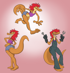 Size: 970x1005 | Tagged: safe, artist:gtb23, oc, oc:sonny, lizard, reptile, anthro, barefoot, bottomwear, bracelet, clothes, crop top, feet, female, flat chest, gloves, gold tooth, hair, jewelry, mechanic, midriff, red hair, short shorts, shorts, soles, solo, solo female, toes, topwear