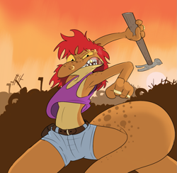 Size: 975x953 | Tagged: safe, artist:gtb23, oc, oc:sonny, lizard, reptile, anthro, belt, bottomwear, clothes, female, flat chest, gold tooth, hair, hammer, nose piercing, piercing, red hair, ring, shirt, short shorts, shorts, solo, solo female, topwear, yellow eyes