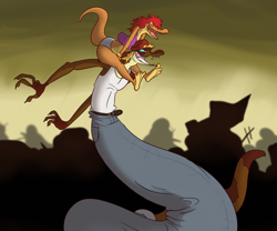 Size: 1200x996 | Tagged: safe, artist:gtb23, oc, oc:slake, oc:sonny, fictional species, lizard, reptile, snake, anthro, naga, barefoot, belt, blonde hair, bottomwear, bracelet, cap, clothes, duo, feet, female, gold tooth, hair, hat, jewelry, male, red hair, riding, riding on back, shirt, short shorts, shorts, snake tail, soles, tail, toes, topwear