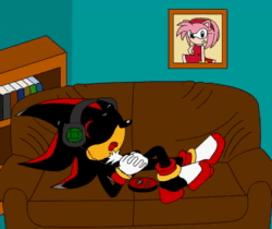 Size: 428x360 | Tagged: safe, artist:generalcacti, amy rose (sonic), shadow the hedgehog (sonic), sonic the hedgehog (sonic), hedgehog, mammal, anthro, plantigrade anthro, sega, sonic the hedgehog (series), youtube, 2007, 2d, 2d animation, animated, book, bookcase, books, couch, female, group, headphones, low res, male, sound, trio, webm, youtube link