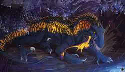 Size: 1280x735 | Tagged: safe, artist:art of the beast, oc, oc only, dinosaur, feathered dinosaur, fictional species, indoraptor, raptor, reptile, theropod, feral, 2021, ambiguous gender, black body, claws, digital art, duo, feathers, licking, licking face, lying down, open mouth, orange body, prone, purple body, red body, scar, sharp teeth, size difference, slit pupils, spines, spotted body, standing, striped body, teeth, tongue, tongue out, winged arms, yellow body, yellow eyes