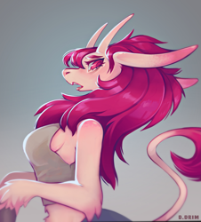 Size: 2475x2740 | Tagged: safe, artist:ddrim, oc, oc only, bovid, equine, goat, horse, mammal, anthro, cc by-nc, creative commons, 2020, abstract background, backbend, belly fluff, black outline, blushing, breasts, ears laid back, elbow fluff, female, fluff, fur, gray background, hair, high res, horns, illustration, leonine tail, long hair, looking back, midriff, open mouth, pink body, pink eyes, pink fur, pink hair, sideboob, signature, simple background, solo, solo female, tail, white outline, wrist fluff