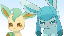 Size: 1280x720 | Tagged: safe, artist:sum, eeveelution, fictional species, glaceon, leafeon, mammal, feral, nintendo, pokémon, 2021, ambiguous gender, black nose, blushing, crying, digital art, duo, duo ambiguous, ears, fur, tail, teal eyes, teary eyes, thighs