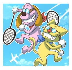 Size: 713x687 | Tagged: safe, artist:rai_8ya, baxter (rhythm heaven), forthington (rhythm heaven), canine, cat, dog, feline, mammal, anthro, nintendo, rhythm heaven, abstract background, aircraft, airplane, badminton, bandanna, clothes, cloud, duo, duo male, goggles, grin, holding object, male, males only, racket, sky, smiling, tail, vehicle