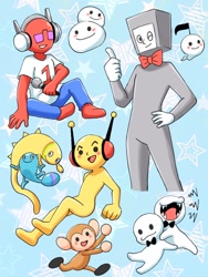 Size: 680x906 | Tagged: safe, artist:rai_8ya, chorus kid (rhythm heaven), dj yellow (rhythm heaven), note (rhythm heaven), tall tapper (rhythm heaven), ambiguous species, animate food, animate object, fictional species, human, lizard, mammal, monkey, primate, reptile, feral, humanoid, semi-anthro, nintendo, rhythm heaven, ambiguous gender, blue background, bottomwear, bow, bow tie, clothes, couple, dough, dough dude (rhythm heaven), fangs, female, food, group, headphones, holding object, looking at you, male, male/female, microphone, one eye closed, open mouth, rapper, screaming, sharp teeth, shipping, simple background, size difference, stars, tail, teeth, thumbs up, tongue, topwear, unnamed character, winking, young