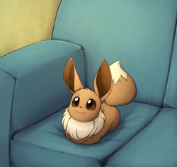 Size: 1600x1509 | Tagged: safe, artist:otakuap, eevee, eeveelution, fictional species, mammal, feral, nintendo, pokémon, 2021, 2d, brown body, brown eyes, brown fur, couch, cream body, cream fur, cute, fur, indoors, loafing, long ears, lying down, male, prone, smiling, solo, solo male, tail