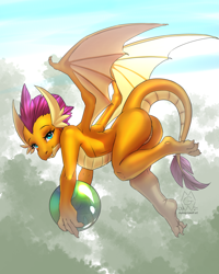 Size: 4000x5000 | Tagged: safe, artist:mykegreywolf, smolder (mlp), dragon, fictional species, western dragon, feral, friendship is magic, hasbro, my little pony, 2021, absurd resolution, ball, bedroom eyes, butt, commission, cyan eyes, dragoness, eyebrows, eyelashes, featureless crotch, female, flying, looking at you, orange scales, scales, solo, solo female, webbed wings, wings