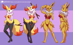 Size: 1280x790 | Tagged: suggestive, artist:alanscampos, braixen, eeveelution, fictional species, jolteon, mammal, anthro, digitigrade anthro, nintendo, pokémon, 2021, armpits, arms behind back, bikini, black nose, breasts, butt, cameltoe, clothes, digital art, duo, duo female, ear fluff, ears, eyelashes, female, females only, fluff, fur, looking at you, looking back, looking back at you, neck fluff, nipple outline, pose, rear view, side view, sideboob, smiling, starter pokémon, stick, swimsuit, tail, thighs, wide hips
