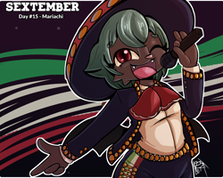 Size: 2500x2000 | Tagged: suggestive, artist:tdfoxoo, bat, mammal, anthro, black outline, bottomwear, clothes, cute, double outline, fangs, female, high res, mariachi, mature, mature female, mexico, microphone, outline, pants, sextember, sextember2021, sexy, sharp teeth, singing, smiling, solo, solo female, sombrero, teeth, white outline