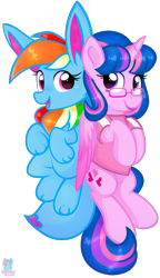Size: 1542x2680 | Tagged: safe, artist:rainbow eevee, rainbow dash (mlp), oc, oc only, oc:hsu amity, oc:rainbow eevee, alicorn, eevee, eeveelution, equine, fictional species, mammal, pokémon pony, pony, feral, friendship is magic, hasbro, my little pony, nintendo, pokémon, 2021, best friends, clothes, duo, duo female, eyelashes, feathered wings, feathers, female, females only, folded wings, glasses, hair, high res, horn, mare, multicolored hair, rainbow hair, shirt, simple background, smiling, tail, topwear, transparent background, vector, wings