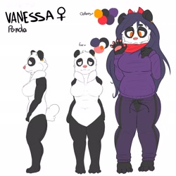 Size: 2048x2048 | Tagged: safe, artist:queenrupti, oc, oc only, oc:vanessa (ultrafox), bear, mammal, panda, 2021, 5 fingers, barefoot, black hair, bottomwear, clothes, ear piercing, female, hair, high res, orange eyes, pants, paw pads, paws, piercing, pink nose, reference sheet, scarf, solo, solo female, sweater, topwear