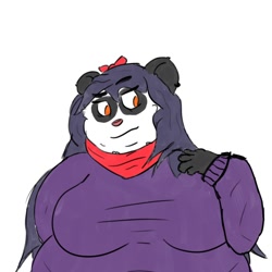 Size: 1500x1500 | Tagged: safe, artist:ultrafox, oc, oc:vanessa (ultrafox), bear, mammal, panda, anthro, 2021, black hair, bow, breasts, clothes, double chin, fat, female, hair, huge breasts, obese, orange eyes, pink nose, scarf, simple background, solo, solo female, sweater, topwear, white background