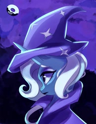 Size: 2100x2700 | Tagged: safe, artist:poxy_boxy, trixie (mlp), equine, fictional species, mammal, pony, unicorn, friendship is magic, hasbro, my little pony, 2021, blue body, cape, clothes, female, hair, hat, high res, horn, mane, mare, solo, solo female, white hair, white mane