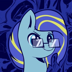 Size: 4096x4096 | Tagged: safe, artist:poxy_boxy, oc, oc only, earth pony, equine, fictional species, mammal, pony, friendship is magic, hasbro, my little pony, 2021, absurd resolution, blue body, bust, commission, female, glasses, hair, multicolored hair, multicolored mane, smiling, solo, solo female, ych result
