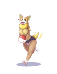 Size: 980x1260 | Tagged: safe, artist:mleonheart, fictional species, yamper, anthro, digitigrade anthro, nintendo, pokémon, 2019, ball, bottomwear, breasts, clothes, digital art, ears, female, fur, looking at you, open mouth, shirt, shorts, simple background, solo, solo female, tail, tail wag, thighs, tongue, tongue out, topwear