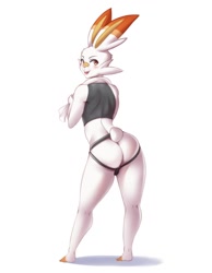 Size: 980x1260 | Tagged: suggestive, artist:mleonheart, fictional species, lagomorph, mammal, rabbit, scorbunny, anthro, digitigrade anthro, nintendo, pokémon, 2019, buckteeth, bulge, butt, clothes, digital art, ears, femboy, fur, jockstrap, looking at you, looking back, looking back at you, male, open mouth, rear view, shirt, simple background, solo, solo male, starter pokémon, tail, teeth, tongue, topwear, towel