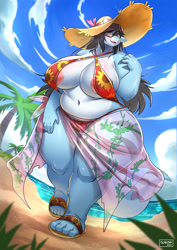 Size: 1518x2150 | Tagged: suggestive, artist:ocaritna, dragon, fictional species, anthro, areola, areola slip, belly, bikini, breasts, clothes, fat, female, glasses, huge breasts, solo, solo female, sun hat, swimsuit, thick thighs, thighs, wide hips