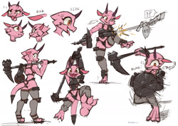 Size: 2000x1414 | Tagged: safe, artist:sat_v12, fictional species, kobold, reptile, anthro, warhammer, armor, breasts, female, horns, shield, solo, solo female, tail, tongue, tongue out
