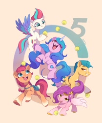 Size: 1710x2048 | Tagged: safe, artist:drtuo4, hitch trailblazer (mlp), izzy moonbow (mlp), pipp petals (mlp), sunny starscout (mlp), zipp storm (mlp), earth pony, equine, fictional species, mammal, pegasus, pony, unicorn, hasbro, my little pony, my little pony g5, spoiler, spoiler:my little pony g5, 2021, badge, bag, ball, female, group, male, mare, satchel, stallion, tennis ball