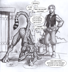 Size: 1291x1350 | Tagged: suggestive, artist:0laffson, oc, oc:enorach, oc:lars (0laffson), cheetah, feline, human, mammal, anthro, digitigrade anthro, basket, butt, clothes, complete nudity, dialogue, duo, duo male, face down ass up, fur, grayscale, jack-o' crouch pose, male, males only, monochrome, nudity, open mouth, paws, shoes, spotted fur, tail, talking