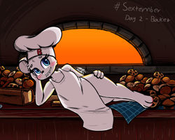 Size: 2500x2000 | Tagged: suggestive, artist:tdfoxoo, bear, mammal, anthro, apron, baker, bakery, bimbo, bimbo (bakery), bimbo bear, blue eyes, bread, chef's hat, clothes, cute, female, food, hat, headwear, high res, looking at you, oven, paws, sextember, sextember2021, solo, solo female, table, tdfsextember, teeth, thick