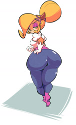 Size: 1125x1837 | Tagged: suggestive, artist:jdwalkrat, coco bandicoot (crash bandicoot), bandicoot, mammal, marsupial, anthro, crash bandicoot (series), 2021, abstract background, black nose, blonde hair, bottomwear, breasts, butt, clothes, commission, eyelashes, eyeshadow, female, flower, flower in hair, fur, gloves, green eyes, hair, hair accessory, hair tie, hand on butt, huge butt, looking at you, looking back, looking back at you, makeup, orange body, orange fur, pants, plant, solo, solo female, white gloves