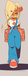 Size: 652x1740 | Tagged: safe, artist:jdwalkrat, coco bandicoot (crash bandicoot), bandicoot, mammal, marsupial, anthro, crash bandicoot (series), 2021, blonde hair, breasts, clothes, female, flower, flower in hair, front view, fur, hair, hair accessory, hair over one eye, hands behind back, laptop, orange body, orange fur, overalls, plant, shadow, shirt, sneakers, solo, solo female, topwear
