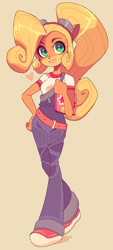 Size: 601x1328 | Tagged: safe, artist:dvampiresmile, coco bandicoot (crash bandicoot), bandicoot, mammal, marsupial, anthro, crash bandicoot (series), 2021, belt, blonde hair, clothes, female, fur, hair, hair tie, hand on hip, heart, looking at you, love heart, orange body, orange fur, overalls, ponytail, shirt, smiling, smiling at you, sneakers, solo, solo female, topwear