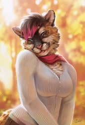 Size: 900x1315 | Tagged: safe, artist:goldendruid, cat, feline, mammal, anthro, 2021, backlighting, blep, cheek fluff, clothes, cute, cute little fangs, dyed hair, fangs, female, fluff, hair, lighting, neck fluff, scarf, solo, solo female, sweater, tail, teeth, tongue, tongue out, topwear, watermark