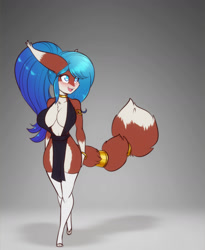 Size: 1968x2400 | Tagged: suggestive, artist:scorpdk, oc, oc only, oc:zircona (scorpdk), canine, fennec fox, fox, mammal, anthro, 2021, armlet, big breasts, blue eyes, blue hair, blushing, bracelet, breasts, brown body, brown fur, chest fluff, cleavage, clothes, dipstick ears, dipstick tail, eyebrows, eyelashes, female, fluff, fur, gloves (arm marking), hair, jewelry, legwear, long hair, neck rings, open mouth, solo, solo female, tail, tail jewelry, tail ring, thigh highs, white body, white fur