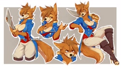 Size: 1992x1139 | Tagged: safe, artist:teranen, don karnage (talespin), canine, mammal, wolf, anthro, disney, talespin, 2021, angry, big breasts, black nose, black outline, blushing, boots, border, breasts, brown body, brown fur, brown hair, chest fluff, claws, cleavage, clothes, cream body, cream fur, cute, cute little fangs, double outline, ear fluff, ears, fangs, female, fluff, fur, grin, gritted teeth, hair, high heel boots, high heels, holding object, holding sword, holding weapon, multicolored fur, multiple images, multiple poses, one eye closed, open mouth, open smile, outline, paws, shoes, smiling, smug, solo, solo female, sword, tail, tail fluff, teeth, toeless footwear, tongue, torn ear, two toned body, two toned fur, uniform, weapon, white border, white outline, winking