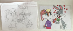 Size: 1280x551 | Tagged: safe, artist:kareena08, bugs bunny (looney tunes), lola bunny (looney tunes), lagomorph, mammal, rabbit, anthro, looney tunes, warner brothers, animation cel, carrot, duo, female, food, heart, irl, male, male/female, photo, photographed artwork, shipping, vegetables