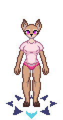 Size: 126x240 | Tagged: suggestive, artist:zeka10000, oc, oc only, oc:loimu, cervid, deer, mammal, anthro, unguligrade anthro, animated, brown body, brown fur, clothes, cloven hooves, ears, female, fur, hooves, looking forward, low res, magenta eyes, panties, pixel animation, pixel art, shirt, simple background, solo, solo female, sprite, standing, tail, topwear, transparent background, turnaround, underwear