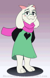 Size: 647x1000 | Tagged: safe, artist:absolutedream, ralsei (deltarune), bovid, darkner, fictional species, goat, mammal, anthro, deltarune, spoiler, spoiler:deltarune chapter 2, 2021, animated, blushing, cake, clothes, ear fluff, eyebrows, eyes closed, fluff, food, fur, gif, glasses, hair, horns, looking at you, male, open mouth, open smile, scarf, smiling, smiling at you, solo, solo male, tail, tail fluff, white body, white fur
