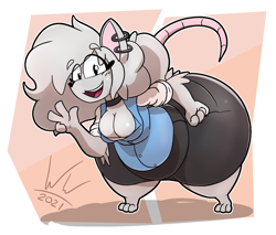 Size: 2556x2178 | Tagged: suggestive, artist:woodsideworks, oc, oc only, oc:elisa (rattiesteps), mammal, rat, rodent, anthro, 2021, 3 toes, 4 fingers, abstract background, barefoot, black nose, bottomwear, breasts, cleavage, clothes, ear piercing, elbow fluff, female, fluff, fur, gift art, gray body, gray fur, hand on hip, high res, hyper, hyper butt, hyper thighs, leaning forward, long tail, looking at you, open mouth, pear-shaped, piercing, shirt, signature, smiling, smiling at you, solo, solo female, tail, topwear