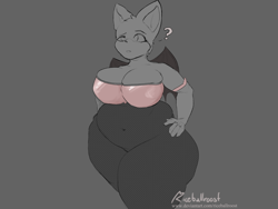 Size: 3200x2400 | Tagged: suggestive, artist:vulpgulps, rouge the bat (sonic), bat, mammal, anthro, sega, sonic the hedgehog (series), 2021, 5 fingers, bat wings, belly button, big belly, breasts, cleavage, clothes, evening gloves, eyebrows, fat, fat fetish, female, gloves, hand on hip, high res, huge breasts, huge thighs, limited palette, long gloves, overweight, question mark, raised eyebrow, signature, solo, solo female, url, webbed wings, wings