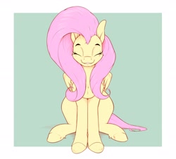 Size: 3364x3038 | Tagged: safe, artist:aquaticvibes, fluttershy (mlp), equine, fictional species, mammal, pegasus, pony, feral, friendship is magic, hasbro, my little pony, 2021, eyes closed, feathered wings, feathers, female, fur, hair, high res, mane, mare, pink hair, pink mane, pink tail, smiling, solo, solo female, tail, wings, yellow body, yellow fur