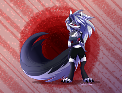Size: 3000x2300 | Tagged: safe, artist:celes-969, loona (vivzmind), canine, fictional species, hellhound, mammal, anthro, digitigrade anthro, hazbin hotel, helluva boss, 2020, arm fluff, black nose, bottomwear, cell phone, claws, clothes, collar, colored sclera, ear piercing, earring, ears, eyebrow piercing, eyebrows, eyelashes, eyeshadow, female, fingerless gloves, fluff, fur, gloves, gray body, gray fur, hair, high res, legwear, long hair, makeup, multicolored fur, paws, phone, piercing, red sclera, shoulder fluff, silver hair, smartphone, solo, solo female, spiked collar, tail, thigh highs, toeless legwear, topwear, torn clothes, torn ear, white body, white eyes, white fur
