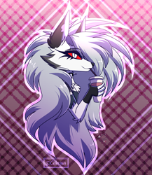 Size: 2000x2300 | Tagged: safe, artist:celes-969, loona (vivzmind), canine, fictional species, hellhound, mammal, anthro, hazbin hotel, helluva boss, 2020, arm fluff, black nose, black outline, clothes, coffee, collar, colored sclera, double outline, drink, drinking, ears, eyebrow piercing, eyebrows, eyelashes, eyeshadow, female, fingerless gloves, fluff, fur, gloves, gray body, gray fur, hair, high res, long hair, looking at you, makeup, multicolored fur, piercing, red sclera, shoulder fluff, silver hair, smiling, smiling at you, solo, solo female, spiked collar, straw, topwear, torn clothes, torn ear, transparent outline, white body, white eyes, white fur