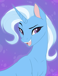 Size: 1987x2627 | Tagged: safe, alternate version, artist:megabait, trixie (mlp), equine, fictional species, mammal, pony, unicorn, feral, friendship is magic, hasbro, my little pony, 2021, blue body, blue fur, bust, eyelashes, female, fur, high res, horn, open mouth, portrait, solo, solo female, tail