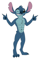 Size: 2345x3430 | Tagged: safe, artist:skyward-the-txnlover, stitch (lilo & stitch), alien, experiment (lilo & stitch), fictional species, anthro, disney, lilo & stitch, 2021, abs, anthrofied, belly button, black eyes, blue body, blue claws, blue fur, blue nose, blue paw pads, chest fluff, claws, digital art, ears, featureless crotch, flat colors, fluff, fur, grin, head fluff, high res, looking at you, male, muscles, nudity, one eye closed, sharp teeth, short tail, simple background, smirk, solo, solo male, standing, tail, teeth, toe claws, torn ear, transparent background, winking